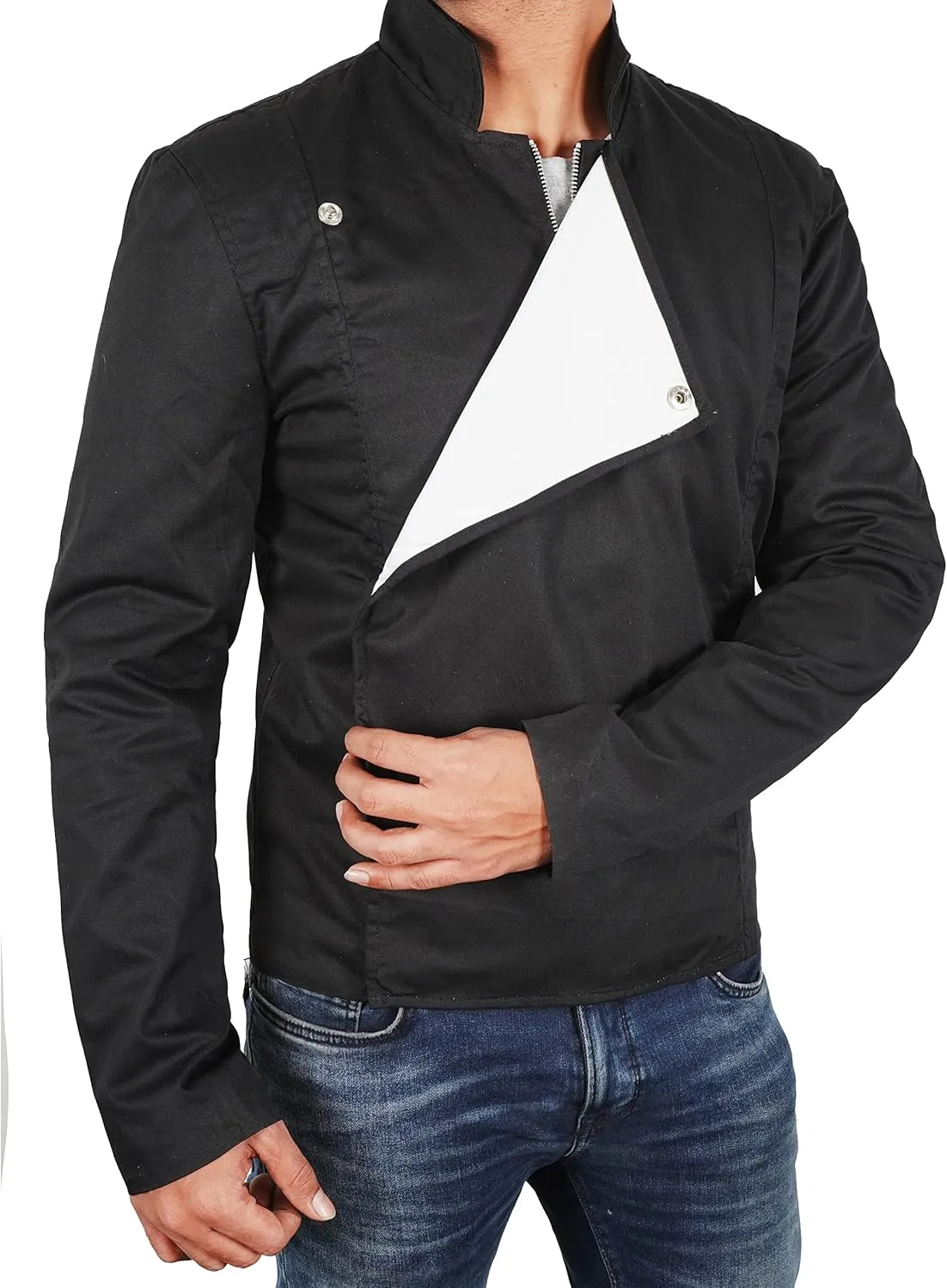 Mens 80s Cosplay Costume Biker Black Cotton Jacket Front Flap Style Cotton Motocycle Jacket