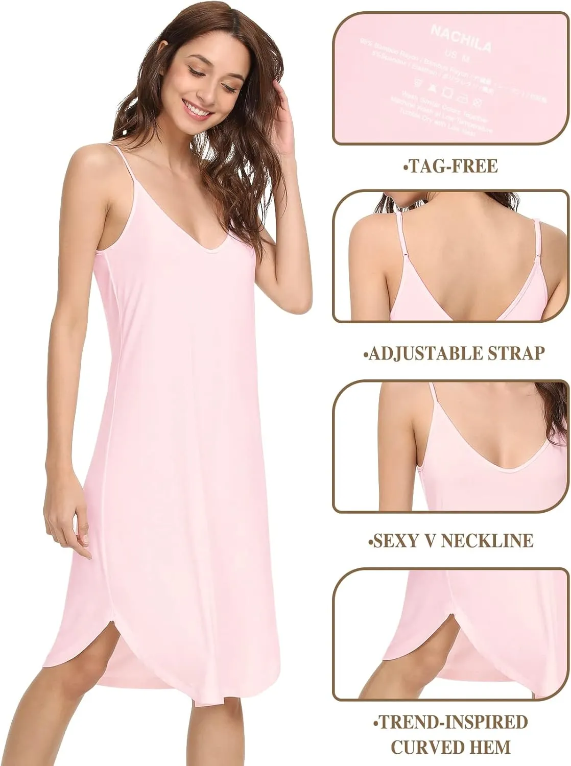 NACHILA Women's Full Slips for Under Dresses-Viscose Made from Bamboo, Adjustable Spaghetti Straps Cami Slip Dress
