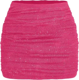 OYOANGLE Women's Plus Size Sparkly Ruched Bodycon Mini Skirt Elastic High Waist Glitter Pencil Skirts