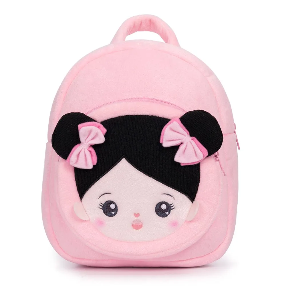 Personalized Black Hair Pink Plush Baby Girl Backpack