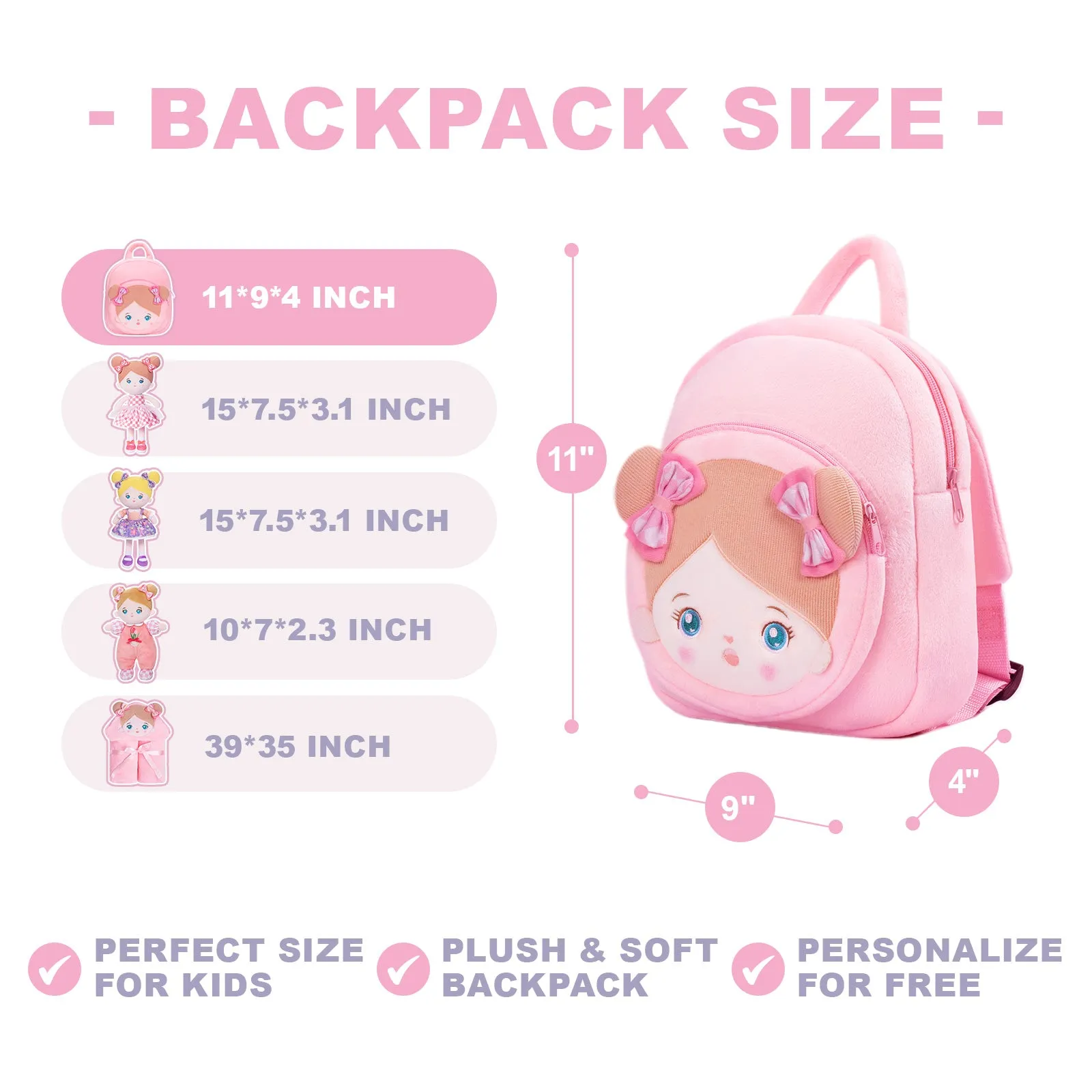 Personalized Blue Eyes Pink Plush Baby Girl Backpack