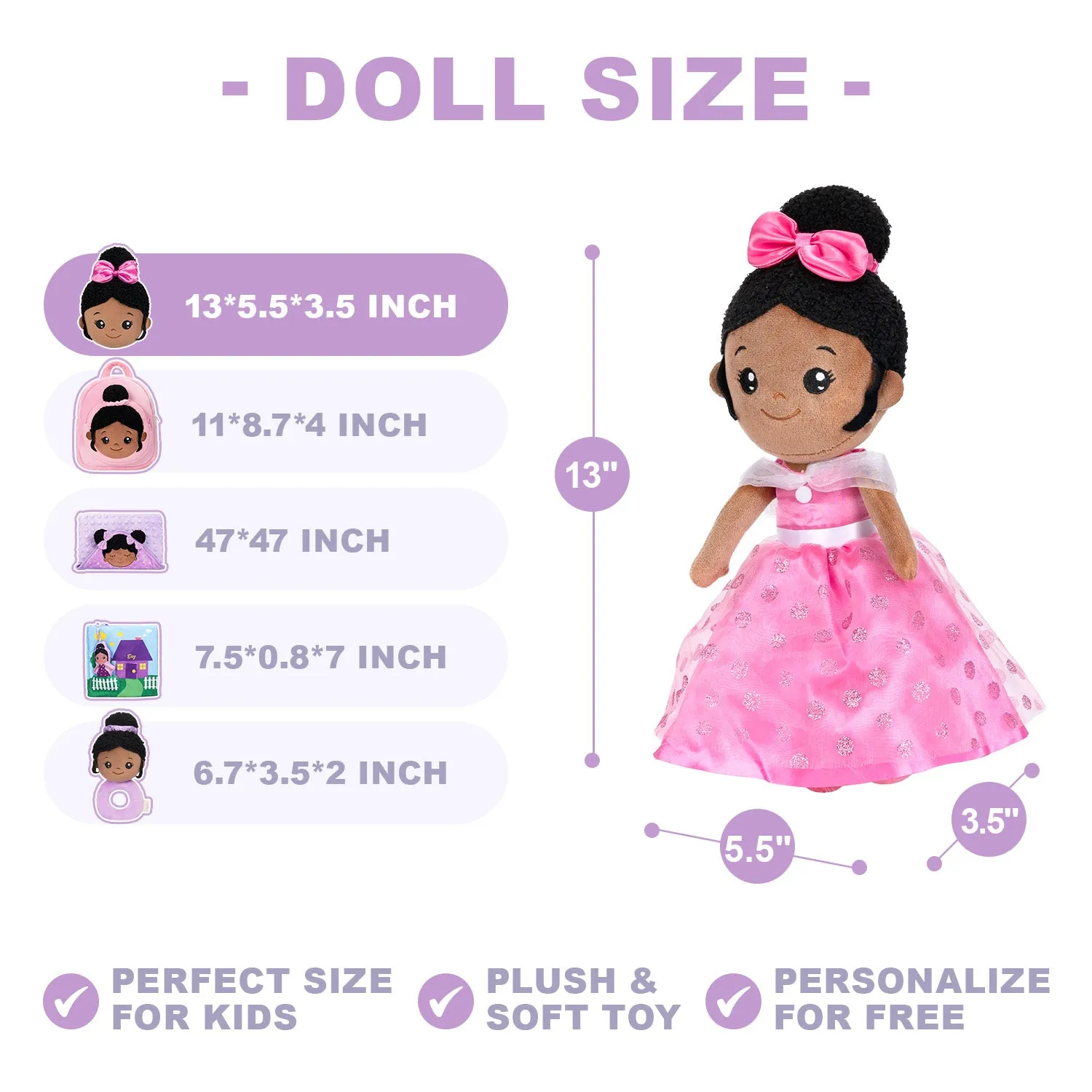 Personalized Deep Skin Tone Plush Princess Pink Doll   Backpack