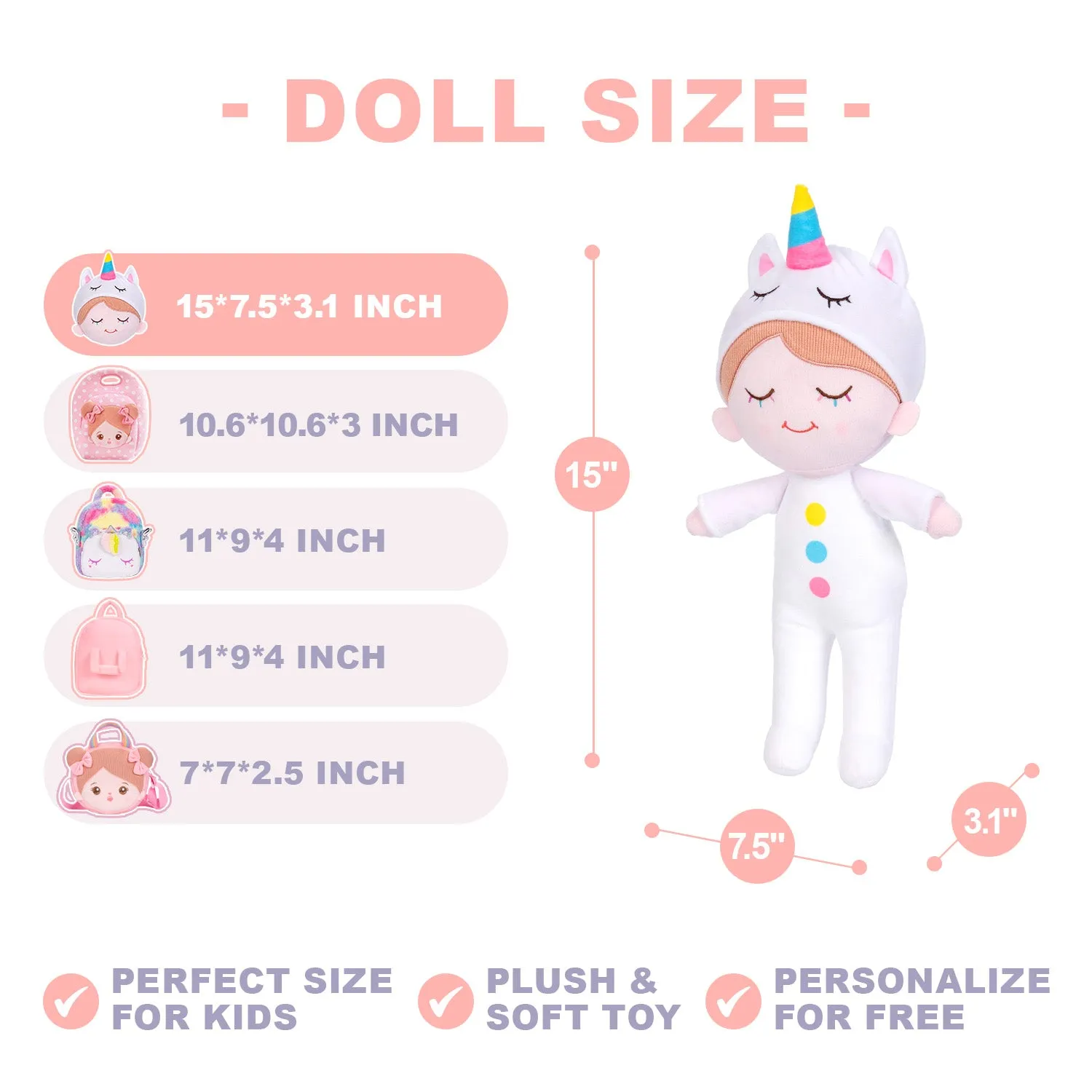 Personalized Iris White Unicorn Girl Doll   Backpack