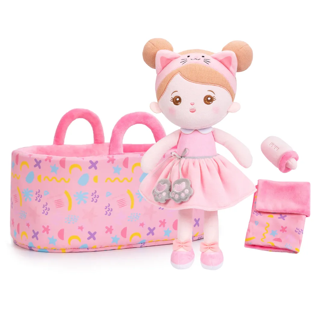 Personalized Pink Cat Girl Doll   Cloth Basket Gift Set