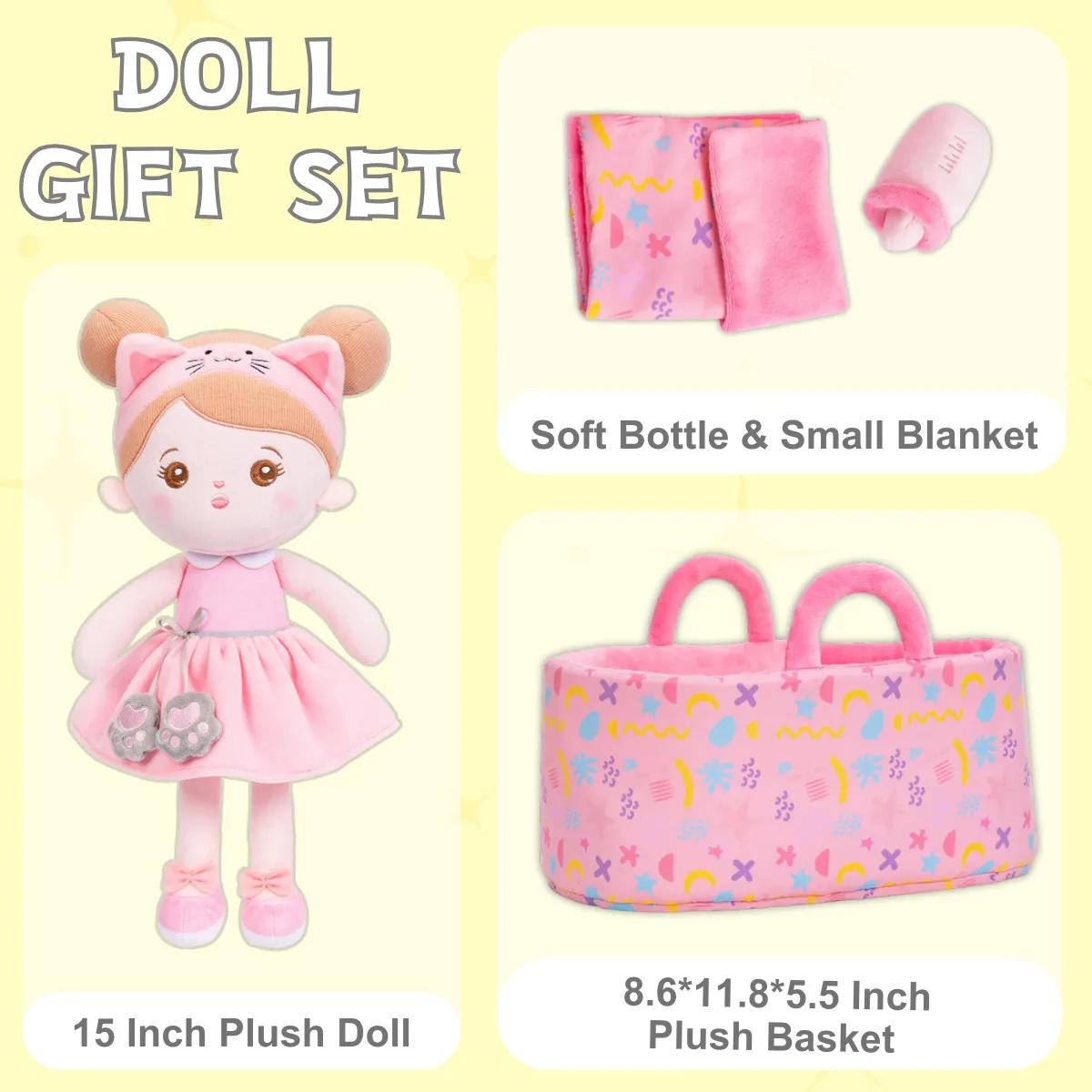 Personalized Pink Cat Girl Doll   Cloth Basket Gift Set