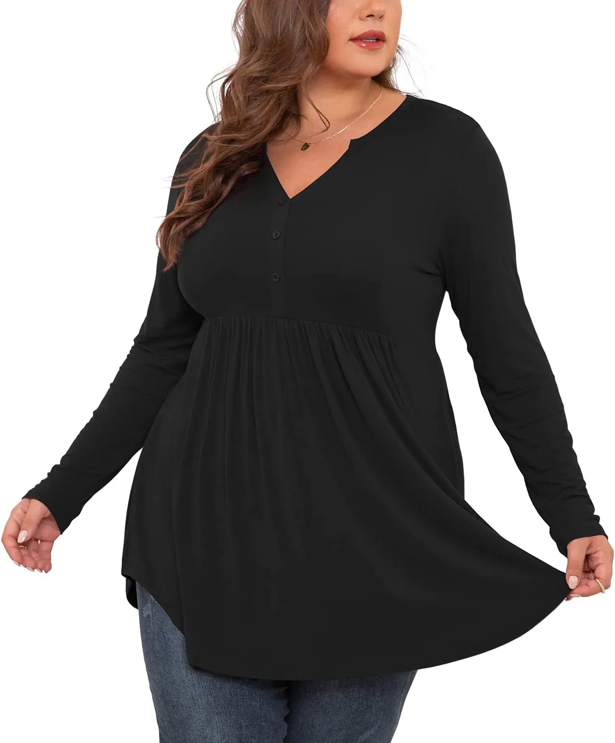 SHIJIALI Women's Plus Size Henley Shirts V Neck Button Tunic Tops Casual Long Sleeve Swing Flowy Blouse