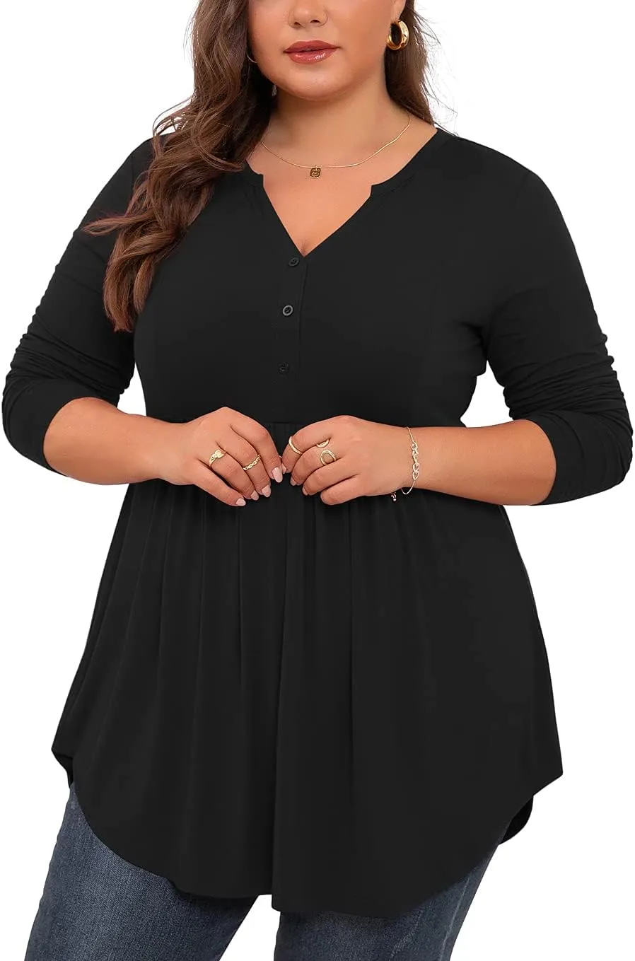 SHIJIALI Women's Plus Size Henley Shirts V Neck Button Tunic Tops Casual Long Sleeve Swing Flowy Blouse