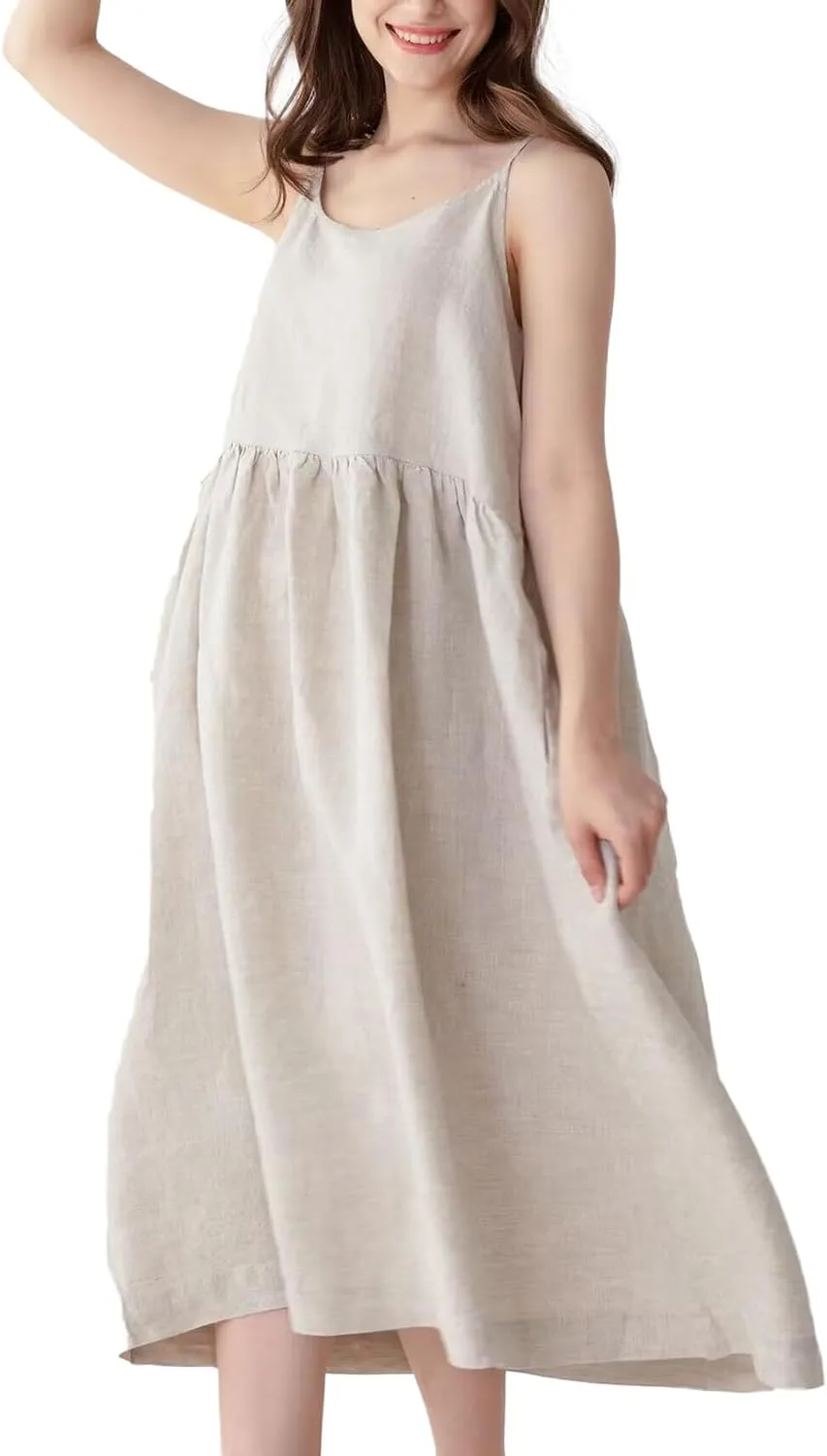Simple&Opulence Womens Summer Dresses 100% Linen Beach Sundress Nightgown Long Casual Lounge Sleep Dress with Pockets