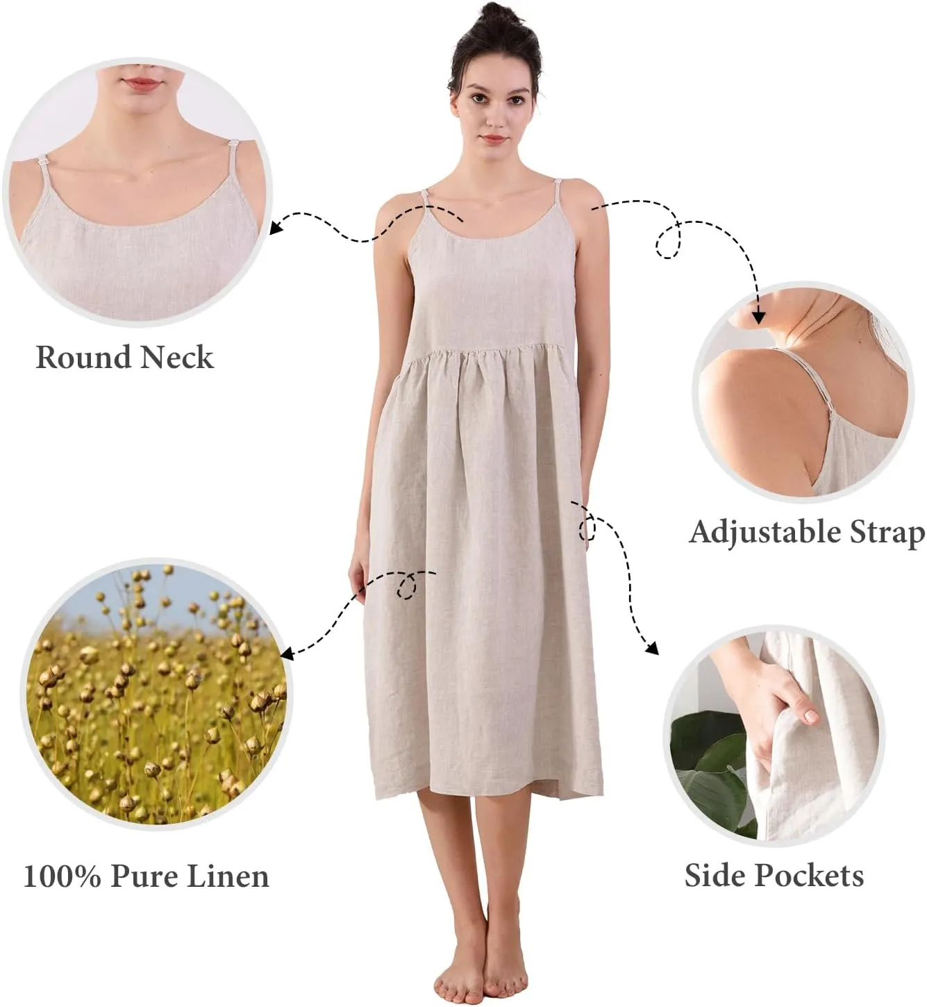 Simple&Opulence Womens Summer Dresses 100% Linen Beach Sundress Nightgown Long Casual Lounge Sleep Dress with Pockets