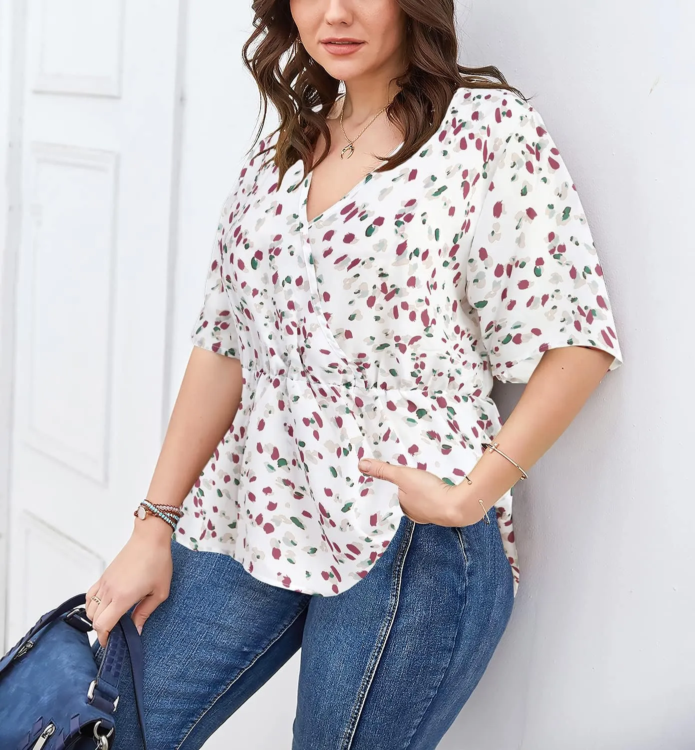 SKISS Women's Plus Size Short Bell Sleeve V Neck Wrap Blouse