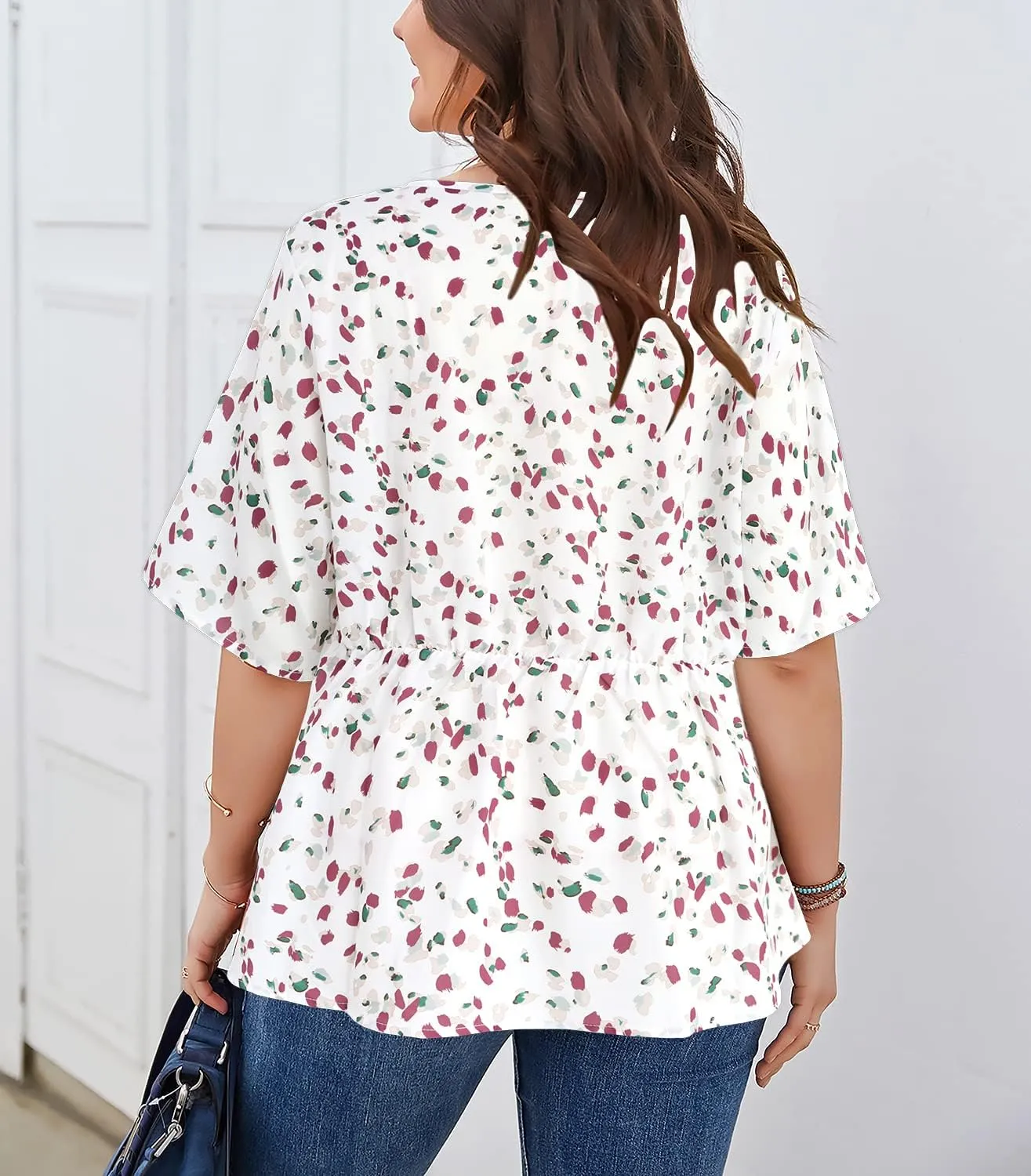 SKISS Women's Plus Size Short Bell Sleeve V Neck Wrap Blouse