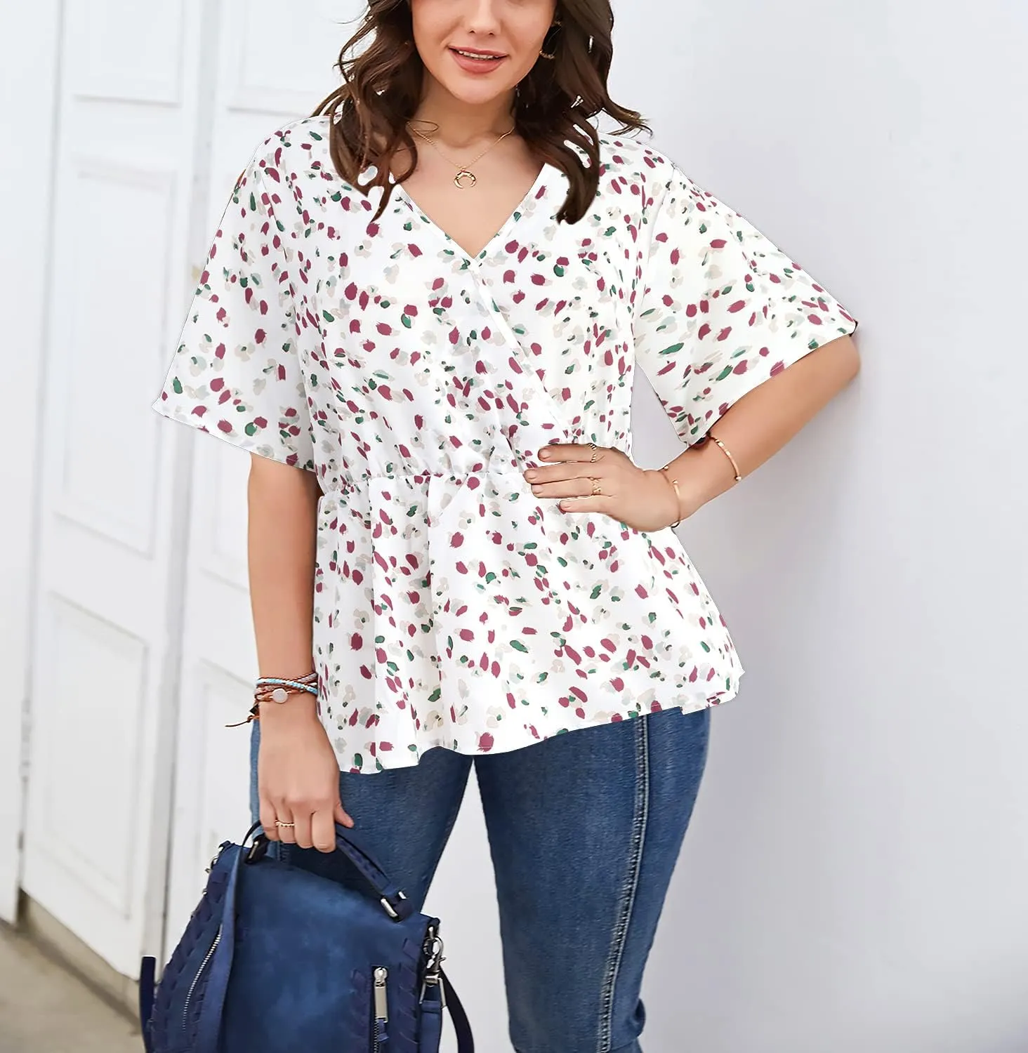 SKISS Women's Plus Size Short Bell Sleeve V Neck Wrap Blouse