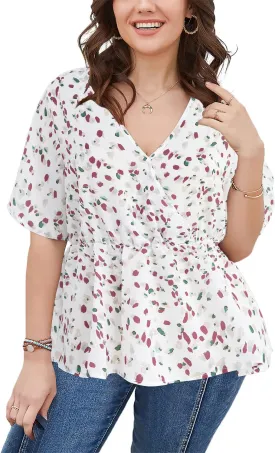 SKISS Women's Plus Size Short Bell Sleeve V Neck Wrap Blouse