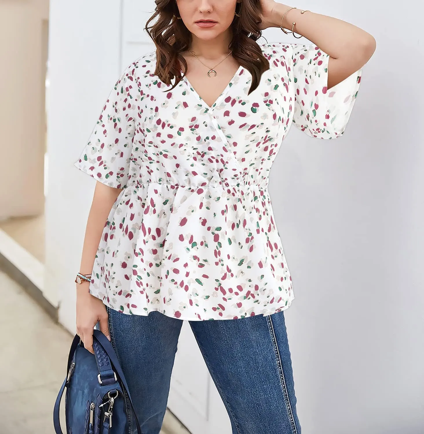 SKISS Women's Plus Size Short Bell Sleeve V Neck Wrap Blouse