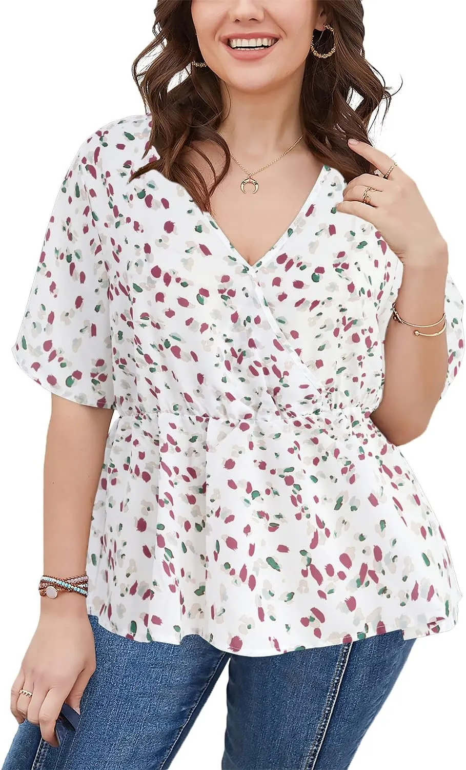 SKISS Women's Plus Size Short Bell Sleeve V Neck Wrap Blouse