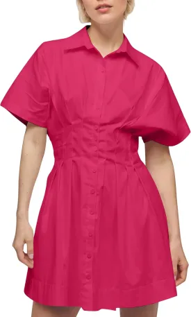 Women Button Front Pleated Stripe Shirt Dress Summer Casual Short Sleeve Pleated Blouse Mini Dress Rose Pink