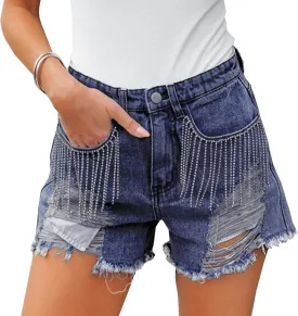 Women High Rise Ripped Denim Shorts Casual Stretch Tassels Raw Hem Jean Shorts