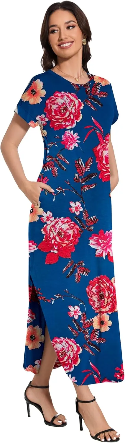 Women Summer Long Sundress Crewneck Short Sleeve Maxi Dress 2025 Casual Loose Beach Dress with Pockets