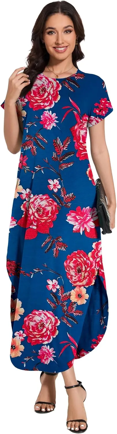Women Summer Long Sundress Crewneck Short Sleeve Maxi Dress 2025 Casual Loose Beach Dress with Pockets