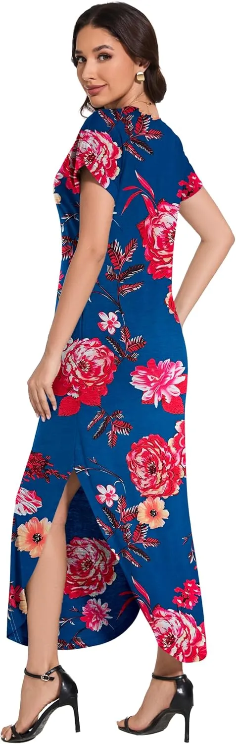 Women Summer Long Sundress Crewneck Short Sleeve Maxi Dress 2025 Casual Loose Beach Dress with Pockets