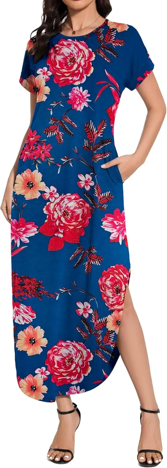 Women Summer Long Sundress Crewneck Short Sleeve Maxi Dress 2025 Casual Loose Beach Dress with Pockets