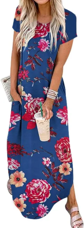 Women Summer Long Sundress Crewneck Short Sleeve Maxi Dress 2025 Casual Loose Beach Dress with Pockets
