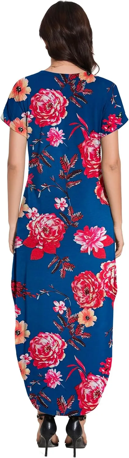 Women Summer Long Sundress Crewneck Short Sleeve Maxi Dress 2025 Casual Loose Beach Dress with Pockets