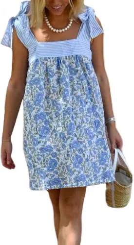 Women Tie Shoulder Mini Dress Floral Ruffle Babydoll Dress Boho Square Neck Sundress Cute Summer Dresses