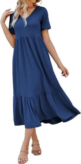 Women's 2025 Summer Short Sleeve V Neck Swing Dress Flowy Tiered Maxi Beach Sundress with Pockets
