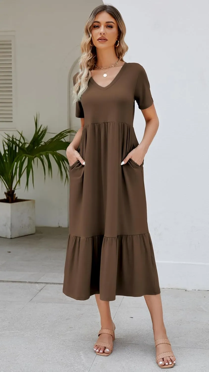 Women's 2025 Summer Short Sleeve V Neck Swing Dress Flowy Tiered Maxi Beach Sundress with Pockets