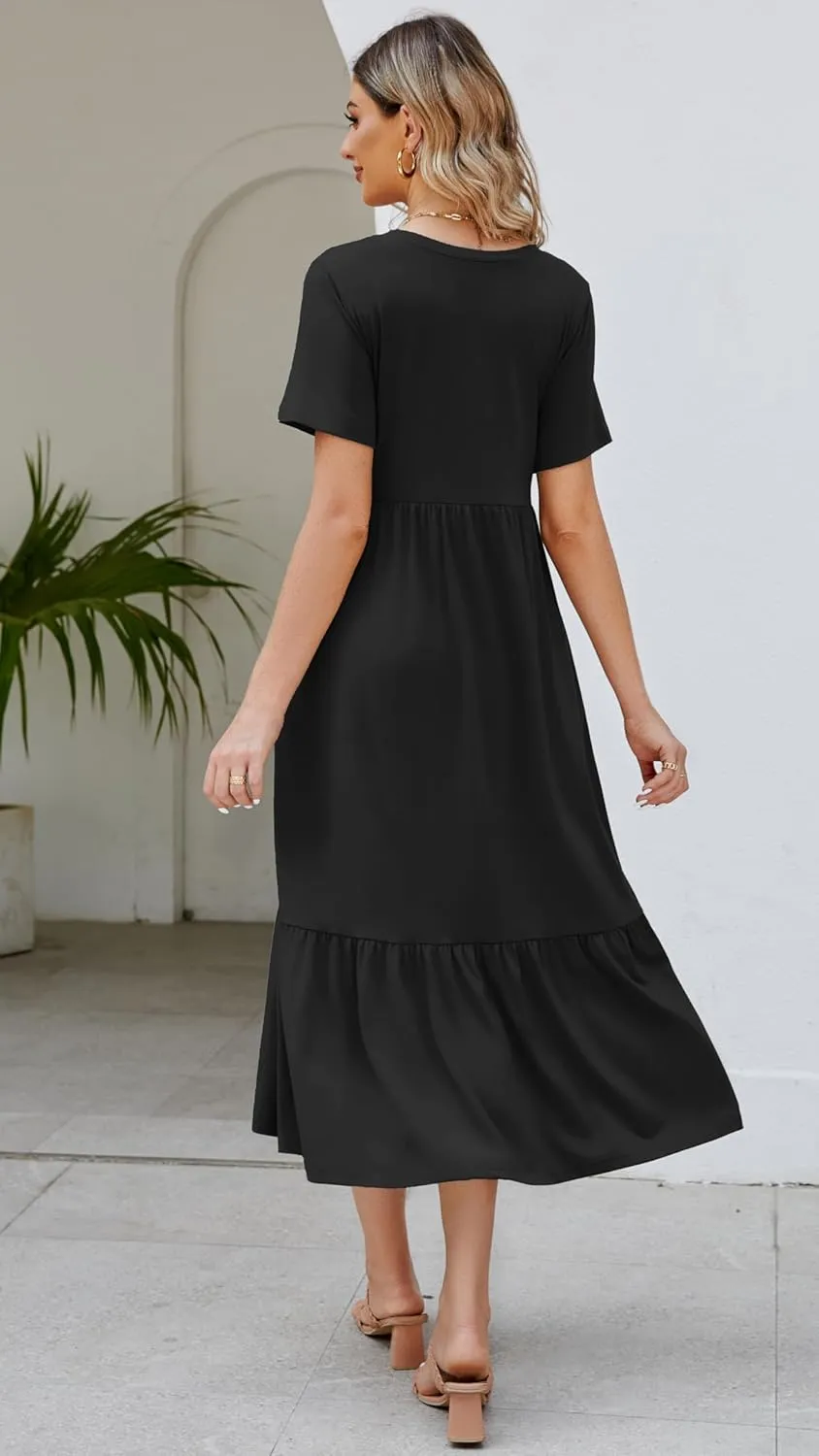 Women's 2025 Summer Short Sleeve V Neck Swing Dress Flowy Tiered Maxi Beach Sundress with Pockets