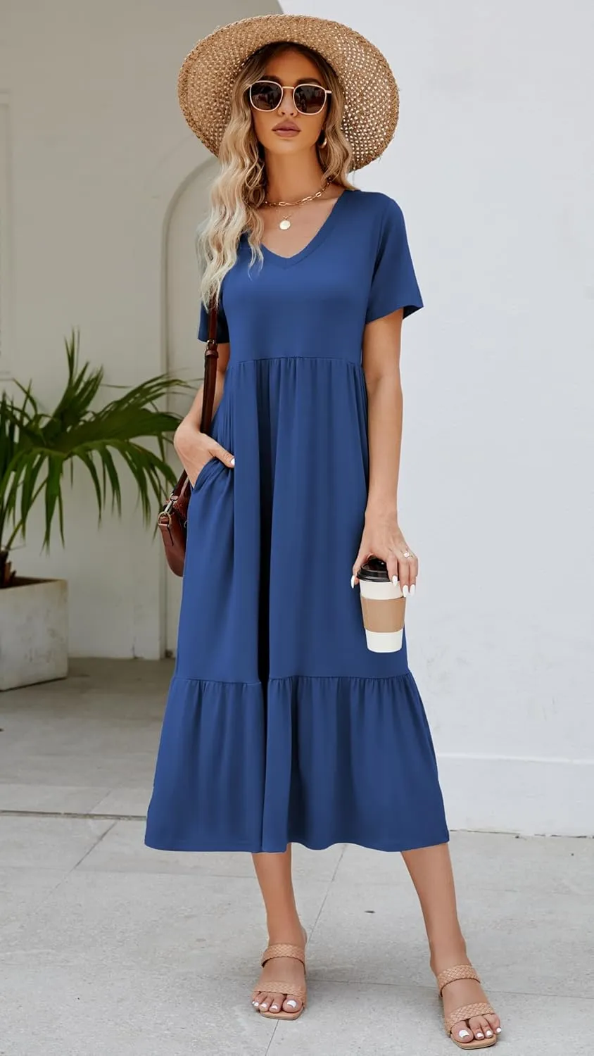 Women's 2025 Summer Short Sleeve V Neck Swing Dress Flowy Tiered Maxi Beach Sundress with Pockets