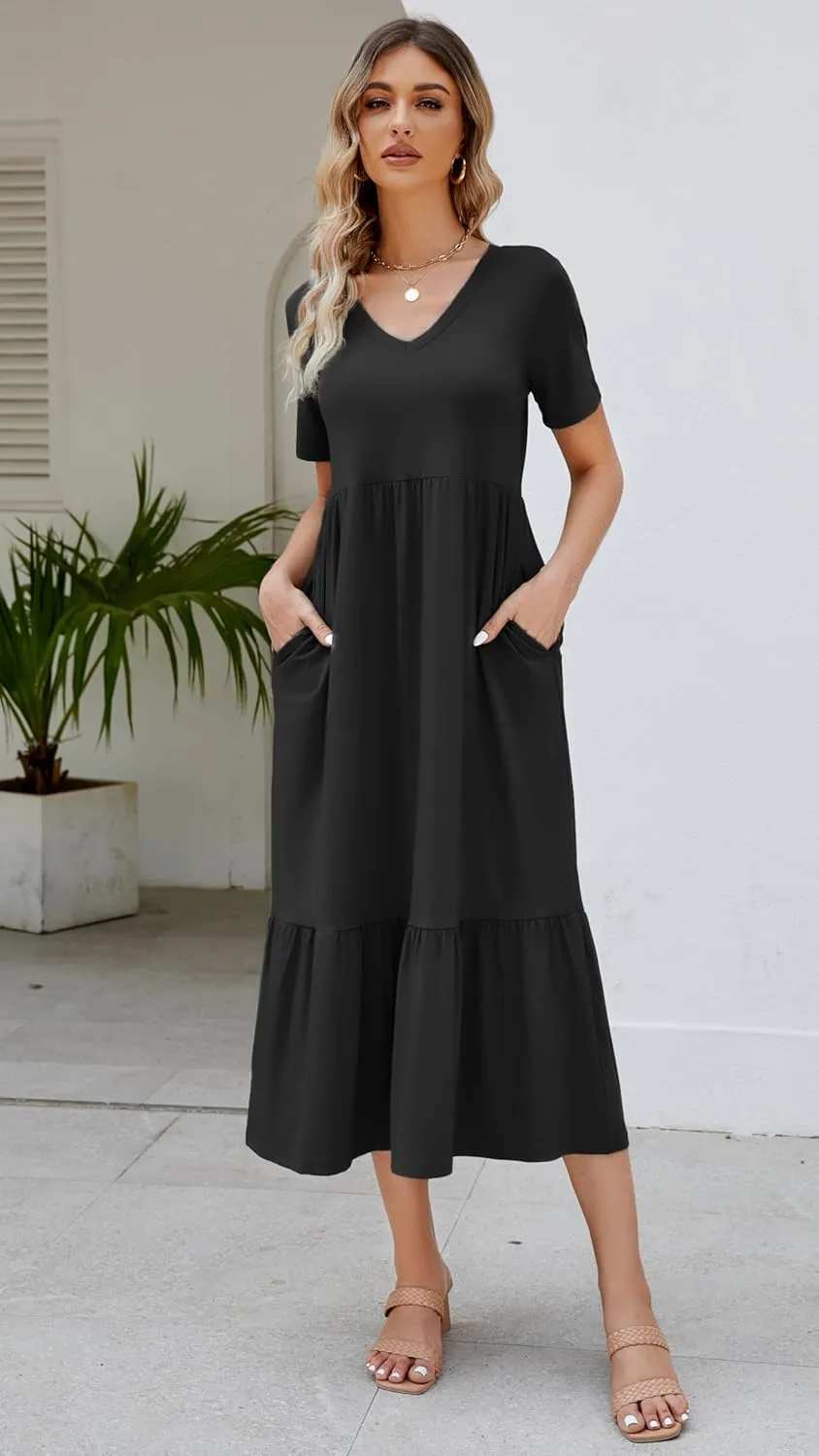 Women's 2025 Summer Short Sleeve V Neck Swing Dress Flowy Tiered Maxi Beach Sundress with Pockets