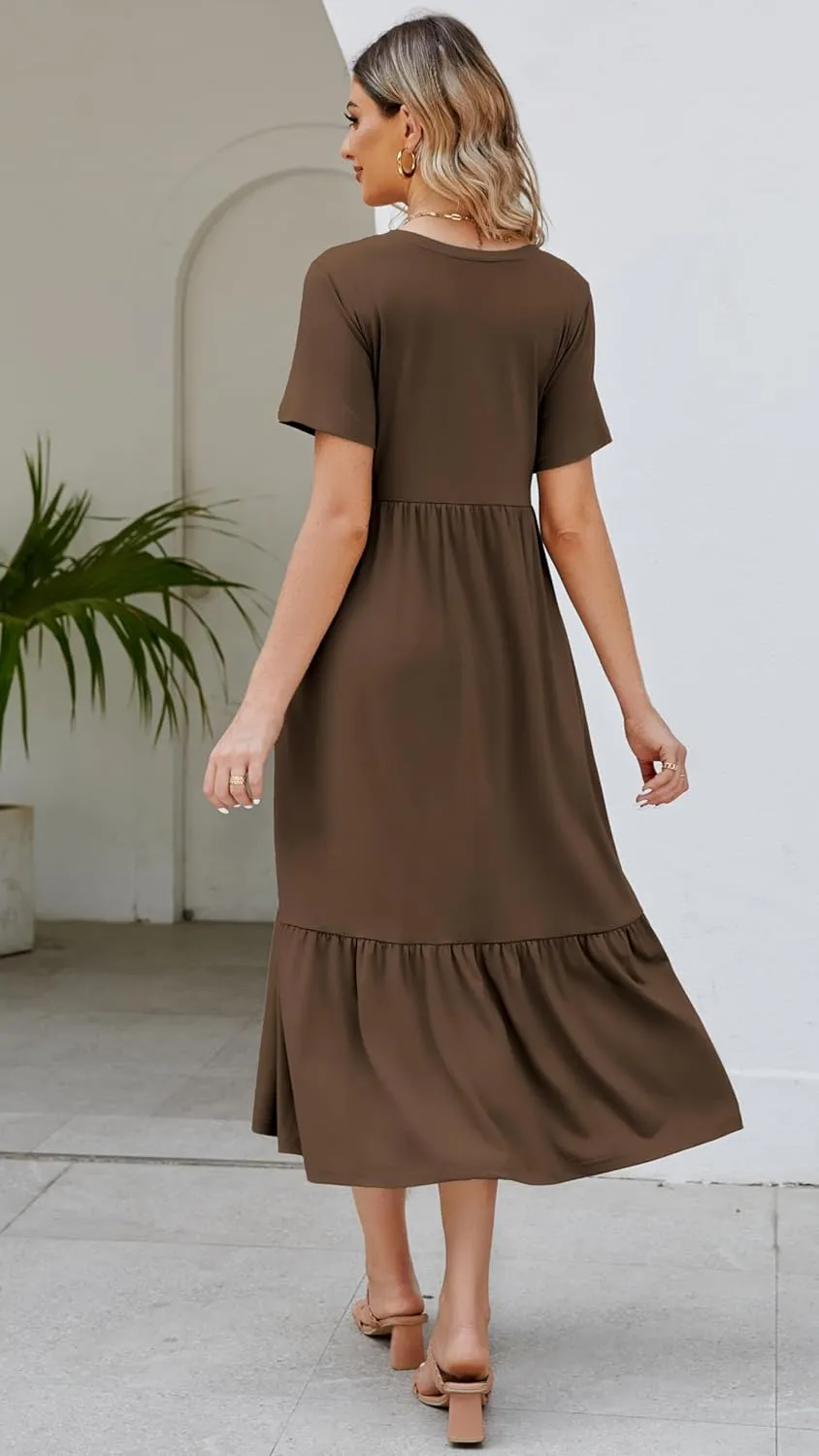 Women's 2025 Summer Short Sleeve V Neck Swing Dress Flowy Tiered Maxi Beach Sundress with Pockets