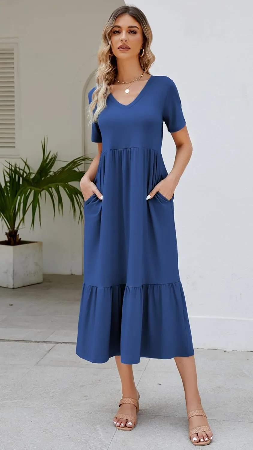 Women's 2025 Summer Short Sleeve V Neck Swing Dress Flowy Tiered Maxi Beach Sundress with Pockets