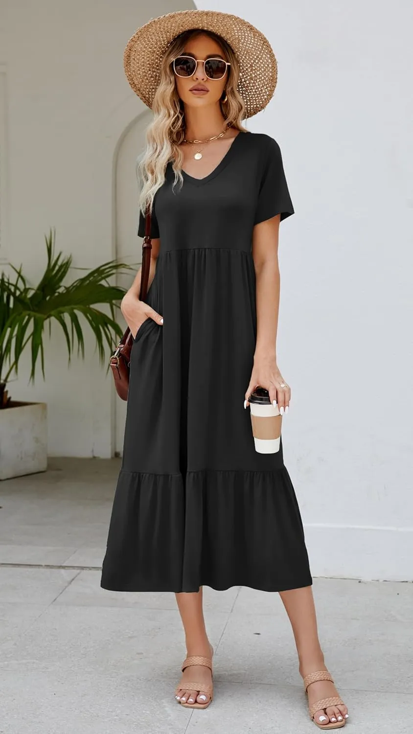 Women's 2025 Summer Short Sleeve V Neck Swing Dress Flowy Tiered Maxi Beach Sundress with Pockets