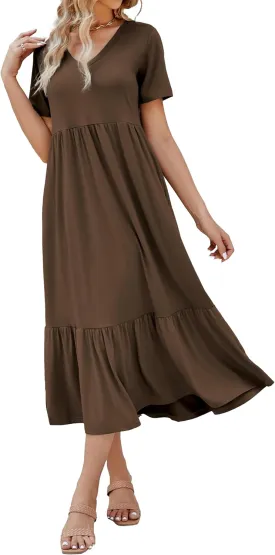 Women's 2025 Summer Short Sleeve V Neck Swing Dress Flowy Tiered Maxi Beach Sundress with Pockets