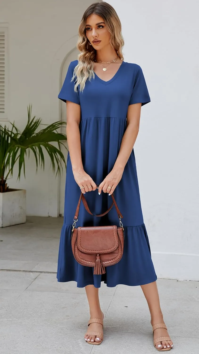 Women's 2025 Summer Short Sleeve V Neck Swing Dress Flowy Tiered Maxi Beach Sundress with Pockets