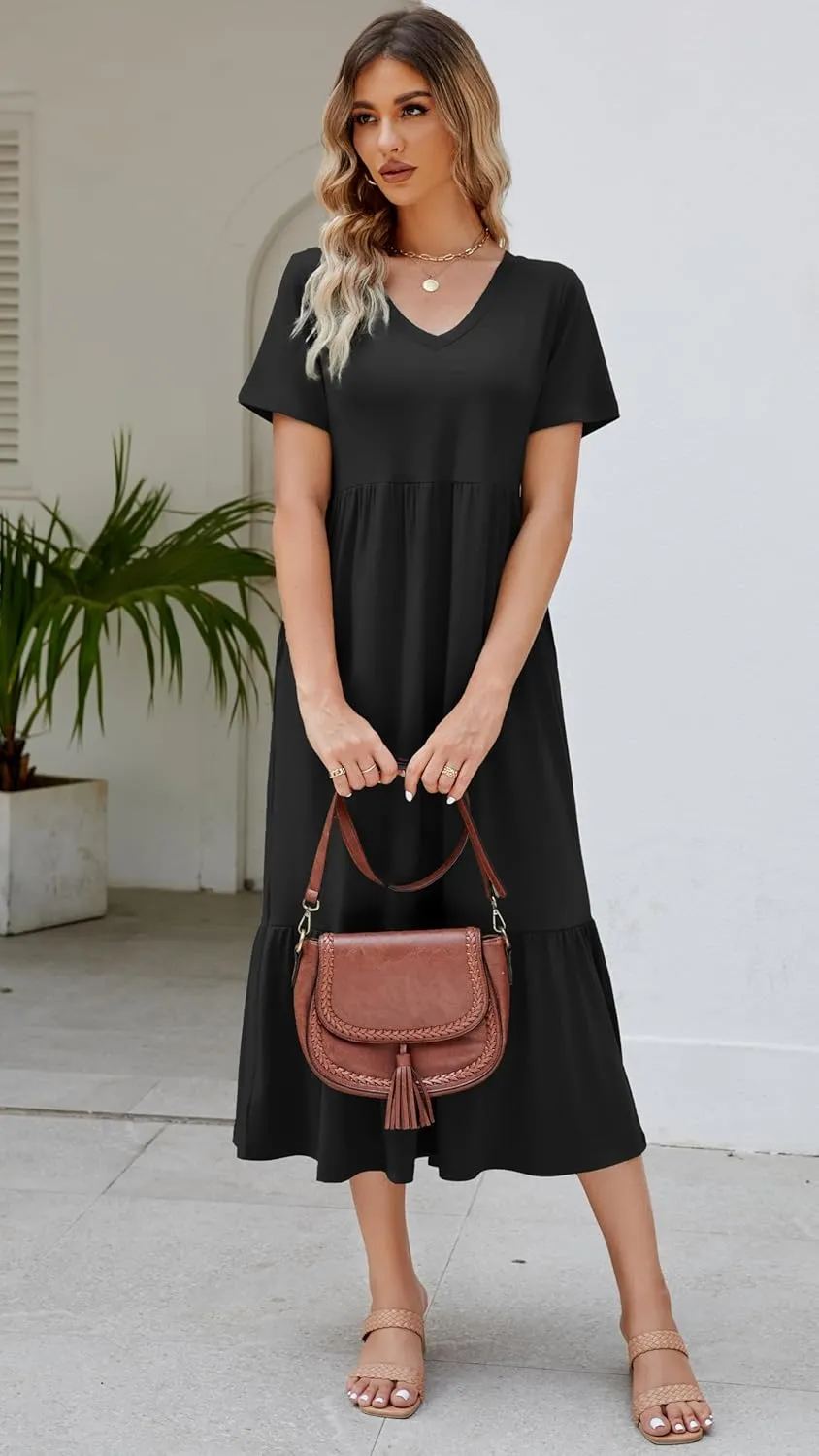 Women's 2025 Summer Short Sleeve V Neck Swing Dress Flowy Tiered Maxi Beach Sundress with Pockets