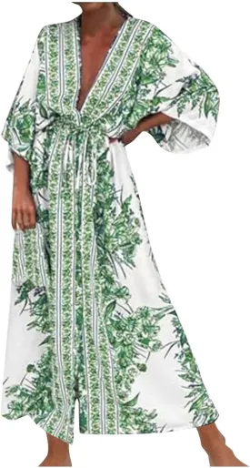 Womens Boho Cardigans Maxi Dress Button Down Open Front Kimono Beach Coverup Floral Print Bathing Swimsuit Beachwear