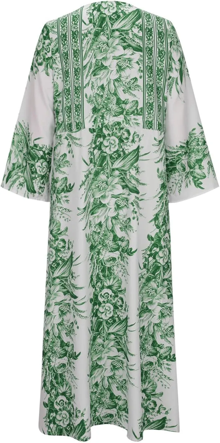 Womens Boho Cardigans Maxi Dress Button Down Open Front Kimono Beach Coverup Floral Print Bathing Swimsuit Beachwear