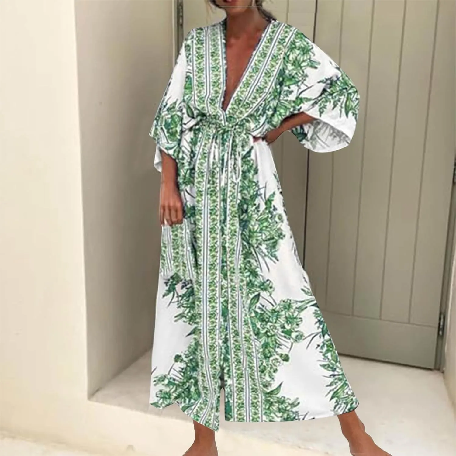 Womens Boho Cardigans Maxi Dress Button Down Open Front Kimono Beach Coverup Floral Print Bathing Swimsuit Beachwear