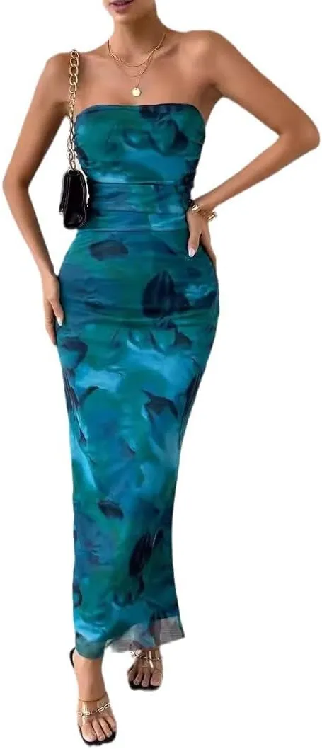 Women's Mesh Floral Strapless Bodycon Maxi Dress Ruched Long Tube Dresses Summe Sexy Party Club Dress Y2K Dresses