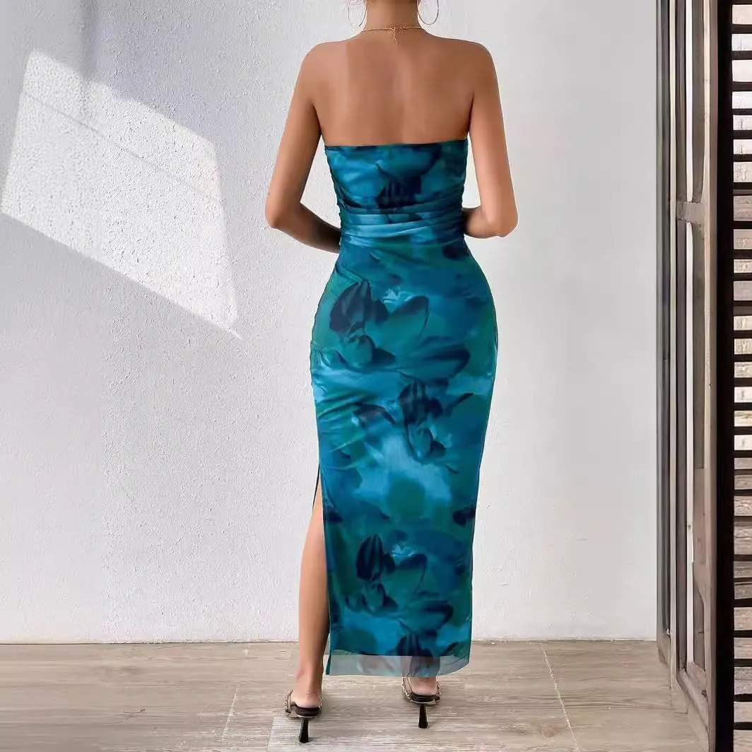 Women's Mesh Floral Strapless Bodycon Maxi Dress Ruched Long Tube Dresses Summe Sexy Party Club Dress Y2K Dresses