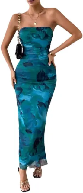 Women's Mesh Floral Strapless Bodycon Maxi Dress Ruched Long Tube Dresses Summe Sexy Party Club Dress Y2K Dresses