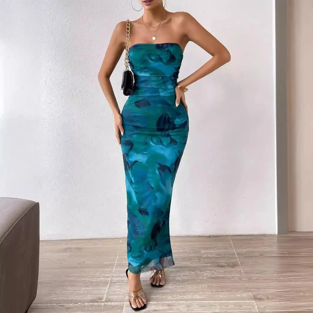 Women's Mesh Floral Strapless Bodycon Maxi Dress Ruched Long Tube Dresses Summe Sexy Party Club Dress Y2K Dresses