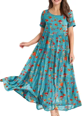 YESNO Women Casual Loose Bohemian Floral Dress with Pockets Short Sleeve Long Maxi Summer Beach Swing Dress EJF