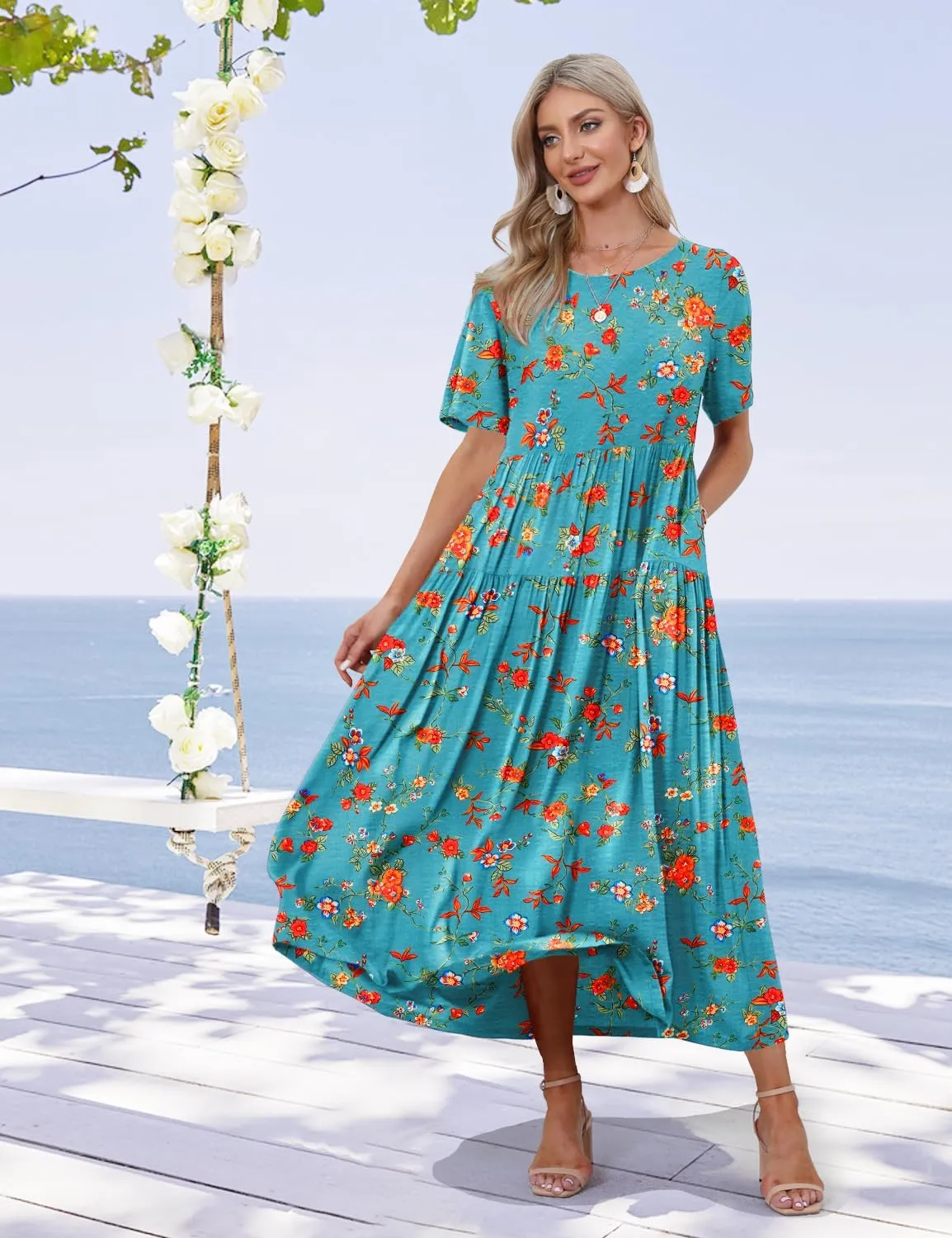 YESNO Women Casual Loose Bohemian Floral Dress with Pockets Short Sleeve Long Maxi Summer Beach Swing Dress EJF