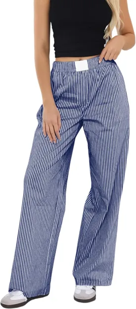 Ythomm Womens Striped Lounge Pants Low Waist Elastic Wide Leg Y2k Casual Boxer Trousers Loose Fit Pajama Pants with Pockets